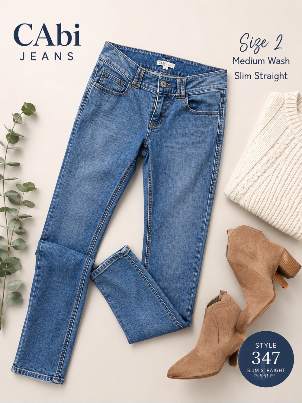 CAbi Jeans Size 2 Medium Wash Slim Straight Denim Jeans Style 347